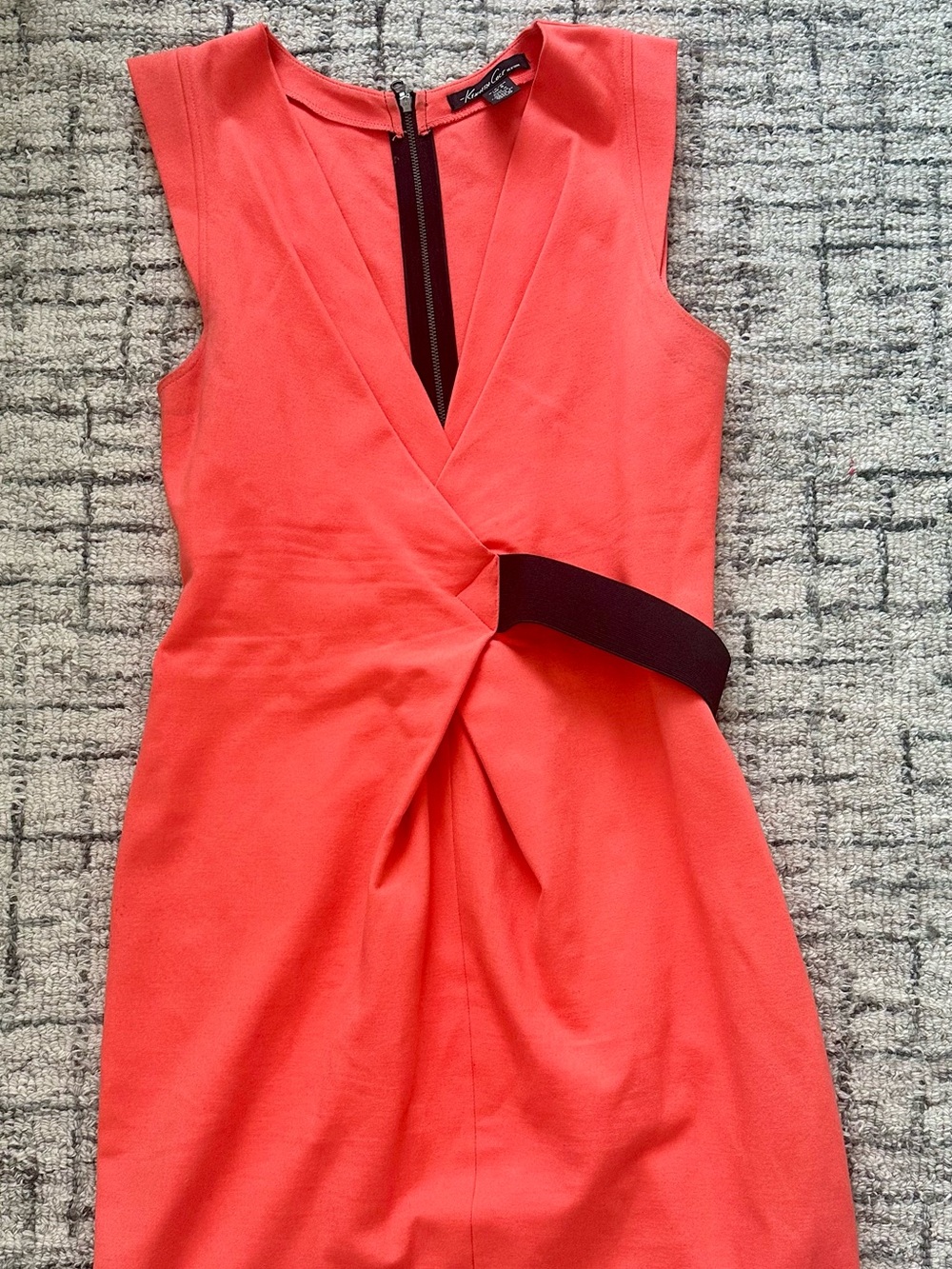 Kenneth Cole New York Coral Twist-Front V-Neck Midi Dress with Black Waist Strap